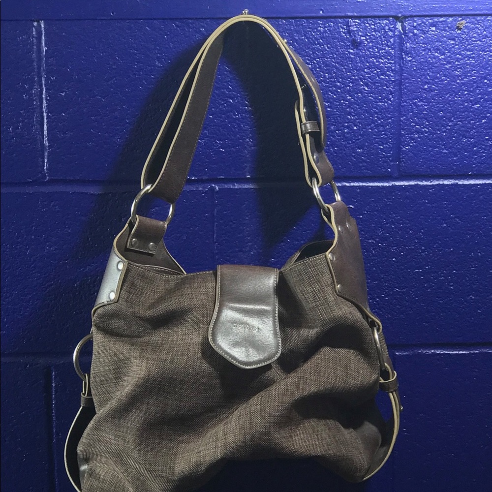 Brown leather and twill hobo bag